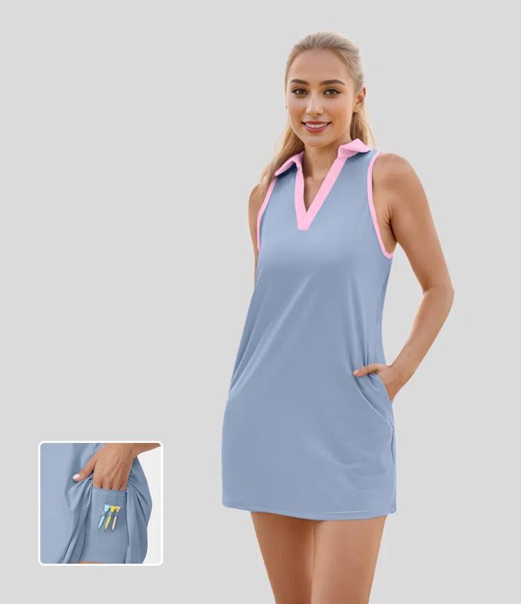 Softlyzero™ Airy Collar Pocket Color Block 2-Piece Cool Touch Mini Golf Active Dress-Golf Tee P... | HALARA