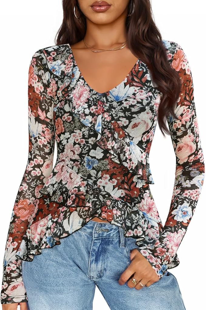 ZESICA Women's Long Sleeve Floral Shirts V Neck Going Out Ruffle Tops Blouses 2025 Fall Fashion C... | Amazon (US)