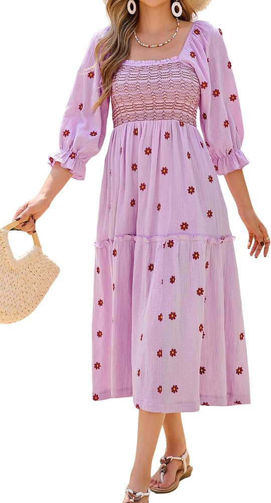 R.Vivimos Women's Cotton Floral Embroidered Boho Midi Dress with Pockets | Amazon (US)