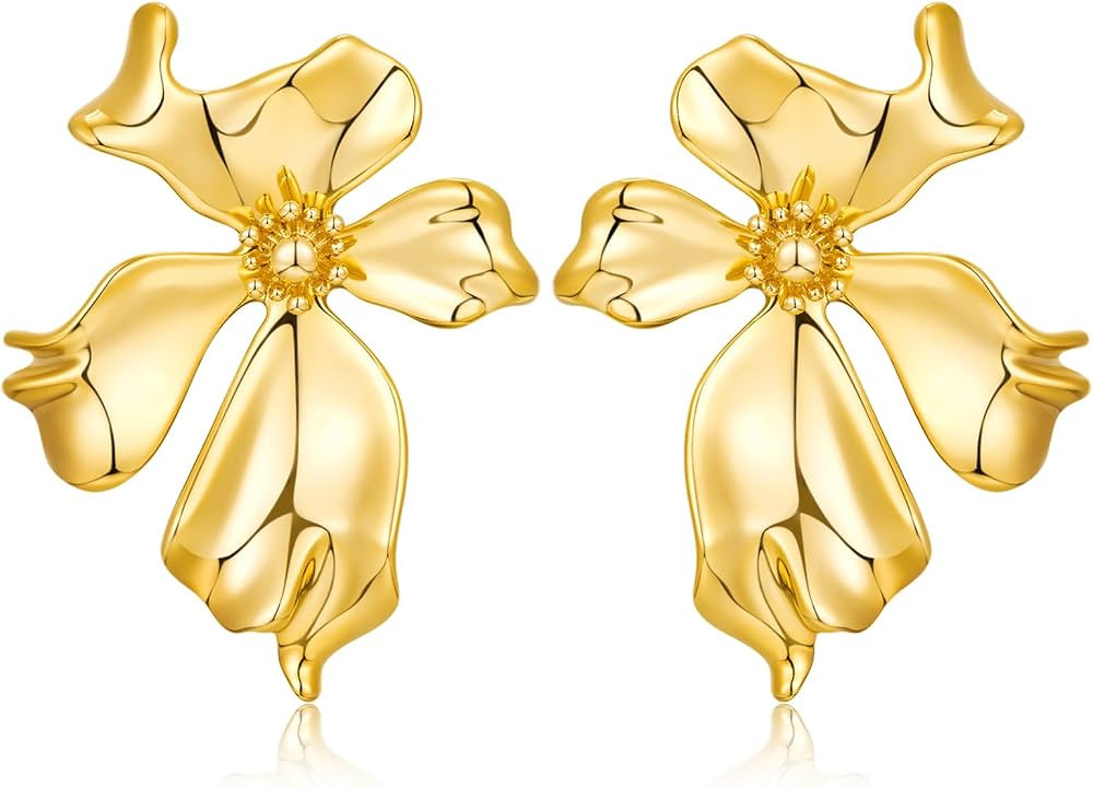 WOWORAMA Gold Statement Earrings for Women Gold Seashell Flower Earrings Boho Textured Ocean Wave... | Amazon (US)