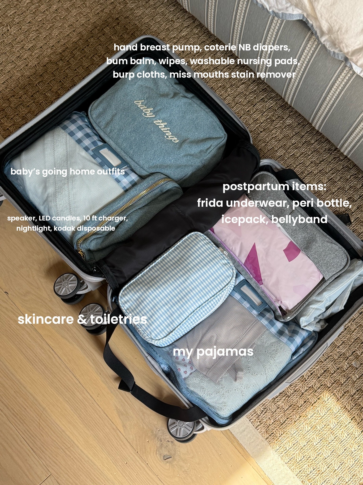 Our hospital bags are packed! 🍼 let me know if I’m missing anything crucial and/or other suggestions.

Full video is on Instagram 🤍 linking what I can!