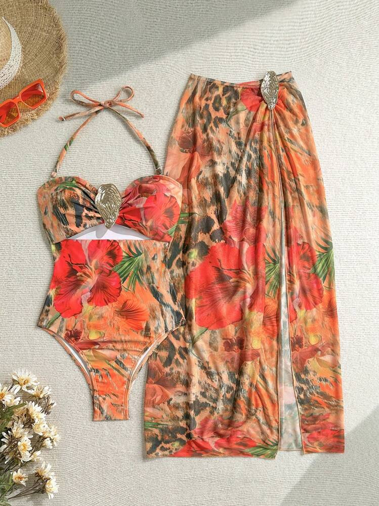 Soleia Women Floral Print Hollow Out Waist Halter Swimsuit With Matching Cover Up Skirt Set, Suit... | SHEIN