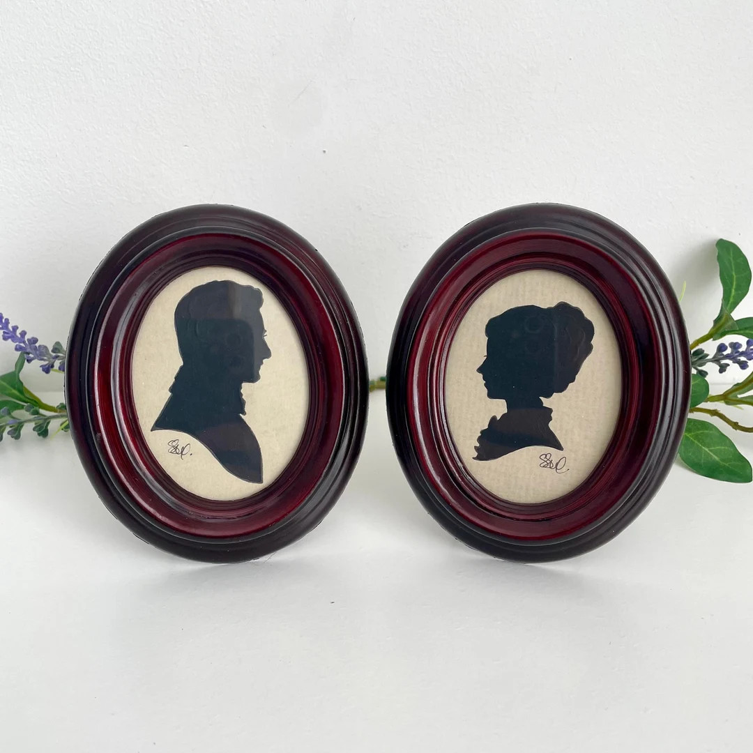 Framed Silhouette Paintings in Small Vintage Oval Frames 12cm, Pair of Painted Cameo Portraits, R... | Etsy (US)