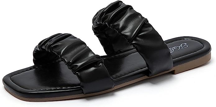 Katliu Women's Flat Sandals Square Open Toe Two Ruched Straps Slide Sandal Summer Dressy Sandals | Amazon (US)