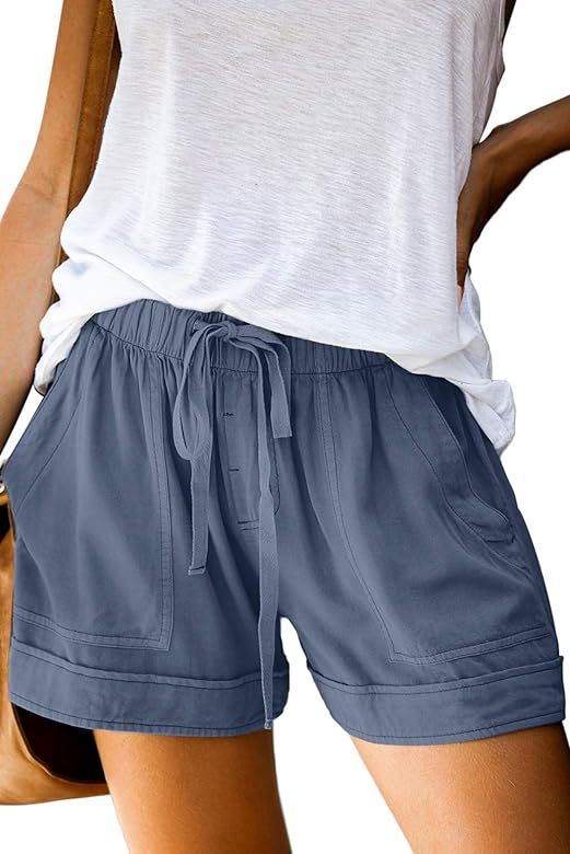 Amazon.com: FEKOAFE Womens Casual Drawstring Comfy Elastic Waist Summer Frayed Tencel Shorts with... | Amazon (US)