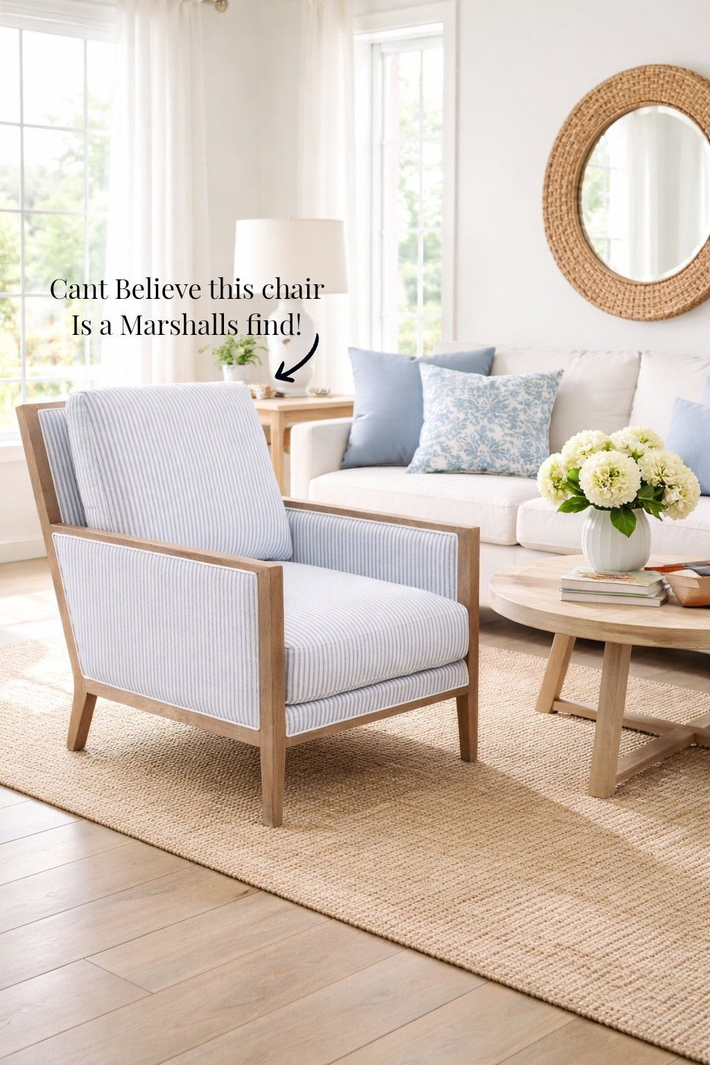This light blue striped accent chair is the perfect way to add a soft coastal touch to your living room. The natural wood frame paired with classic blue ticking stripes gives it that timeless designer look while still feeling fresh for spring and summer styling. A beautiful statement chair for a cozy reading corner, layered living room seating, or that perfect styled corner moment.

#LTKhome #LTKfinds #accentchair #livingroomdecor #coastaldecor #coastallivingroom #homedecorfinds #neutralhome #livingroominspo #springhomedecor

#LTKSpringSale #LTKSeasonal #LTKHome