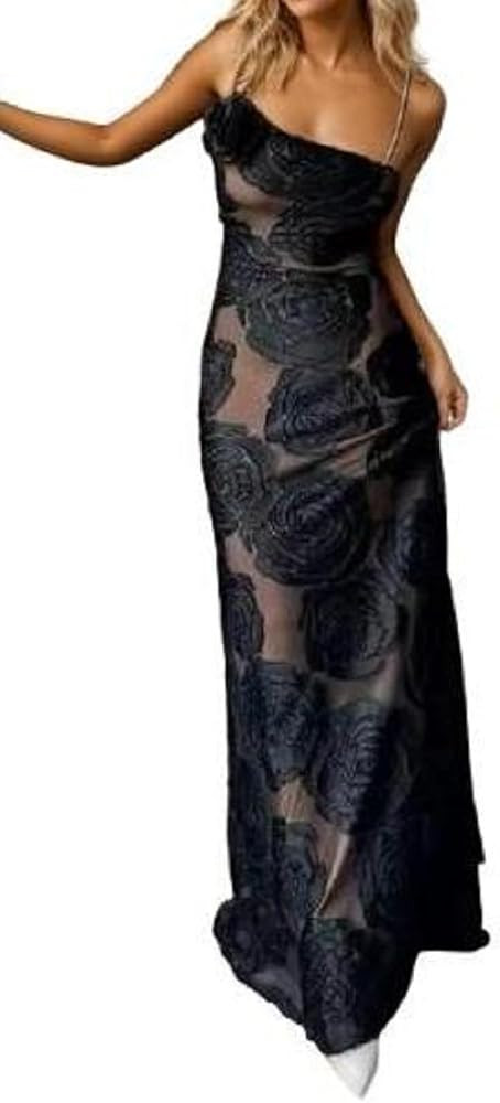 One Shoulder Sheer Mesh Black Flower Maxi Dress Lined Backless Slim Formal Birthday Party Dresses... | Amazon (US)