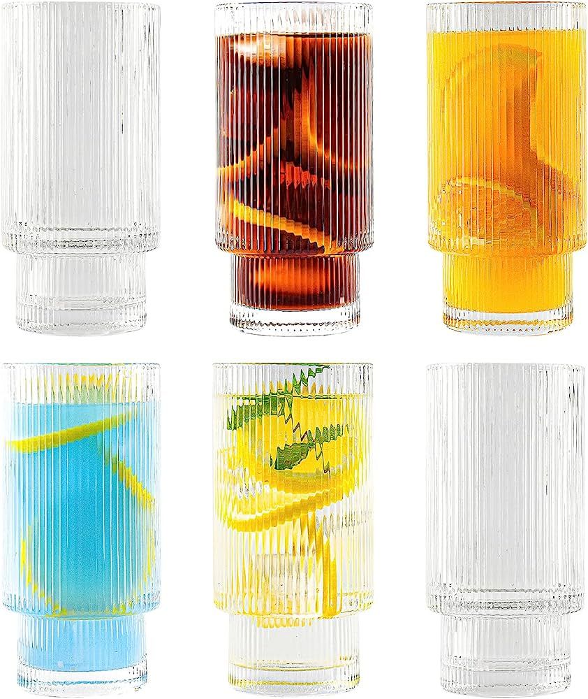 ZMOWIPDL Ribbed Glassware Vintage Drinking Glasses with Straws Set of 6,Clear Fluted Ripple Glass... | Amazon (CA)
