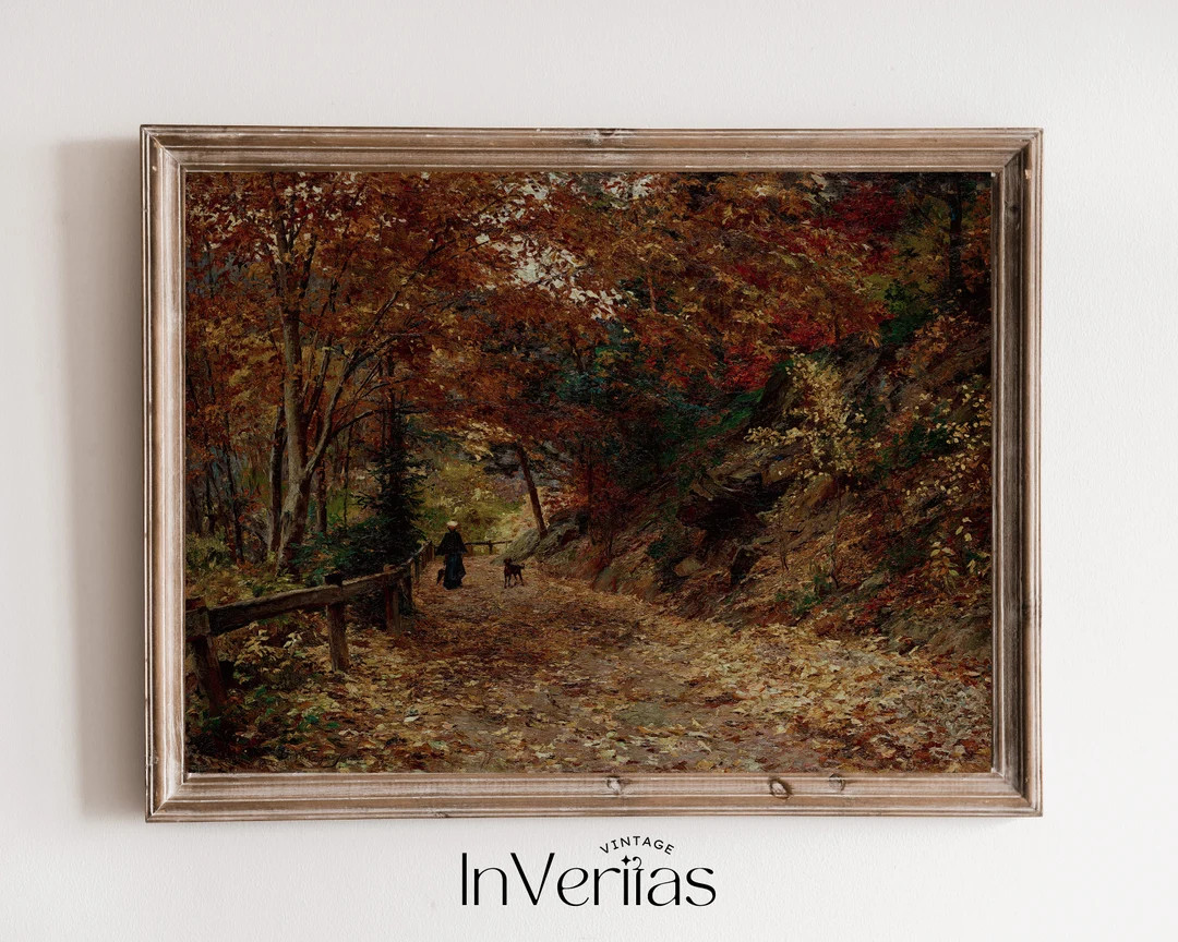 Woman and Dog on Autumn Lane | Cozy Cottage Fall Decor | PRINTABLE | No. 582 | Etsy (US)