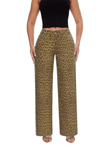 ONESO Mid Low Rise Baggy Jeans Wide Leg for Women Stretchy Bottom Lady Cheetah Print Comfortable Denim | Amazon (US)