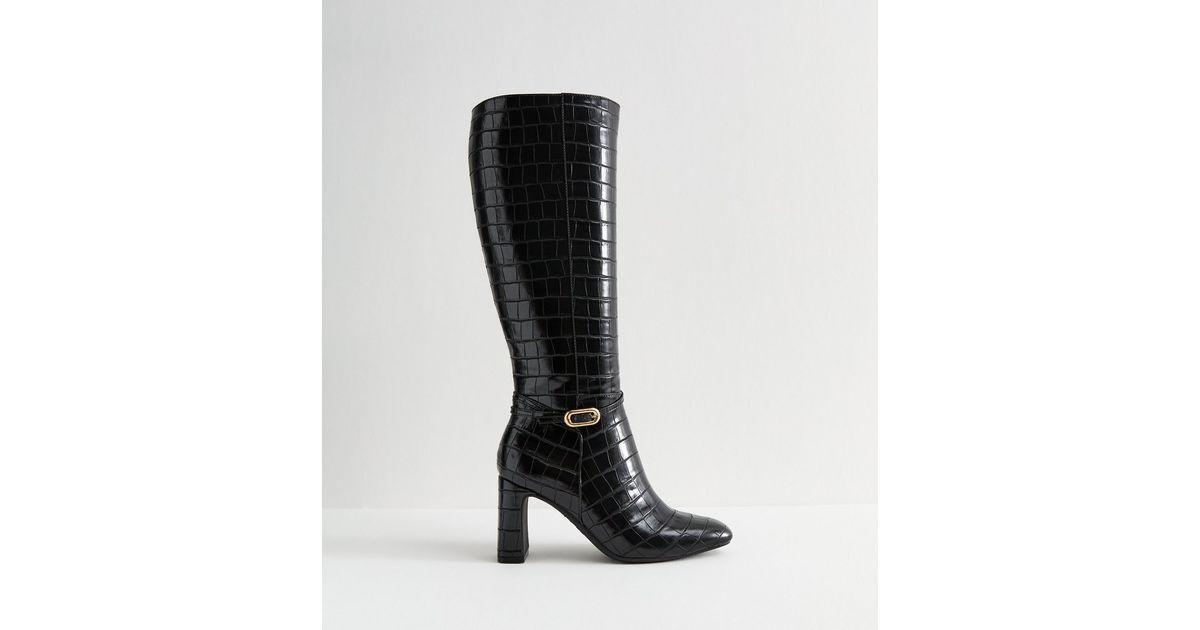 Black Snakeskin Effect Faux Leather Knee High Boots | New Look | New Look (UK)