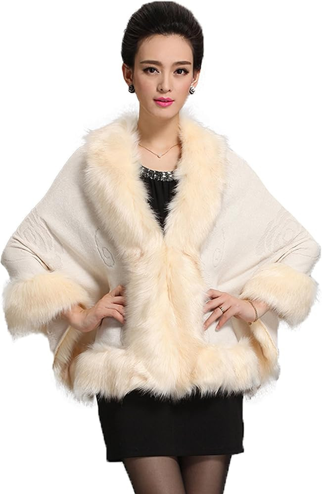 Caracilia Women Luxury Bridal Faux Fur Shawl Wraps Cloak Coat Sweater Cape | Amazon (US)