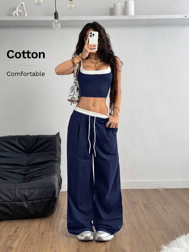 Coolane Women's  Spring/Summer Casual Sport Knit Two Fake Pieces  Tank Tops & Sweatpants  Going O... | SHEIN