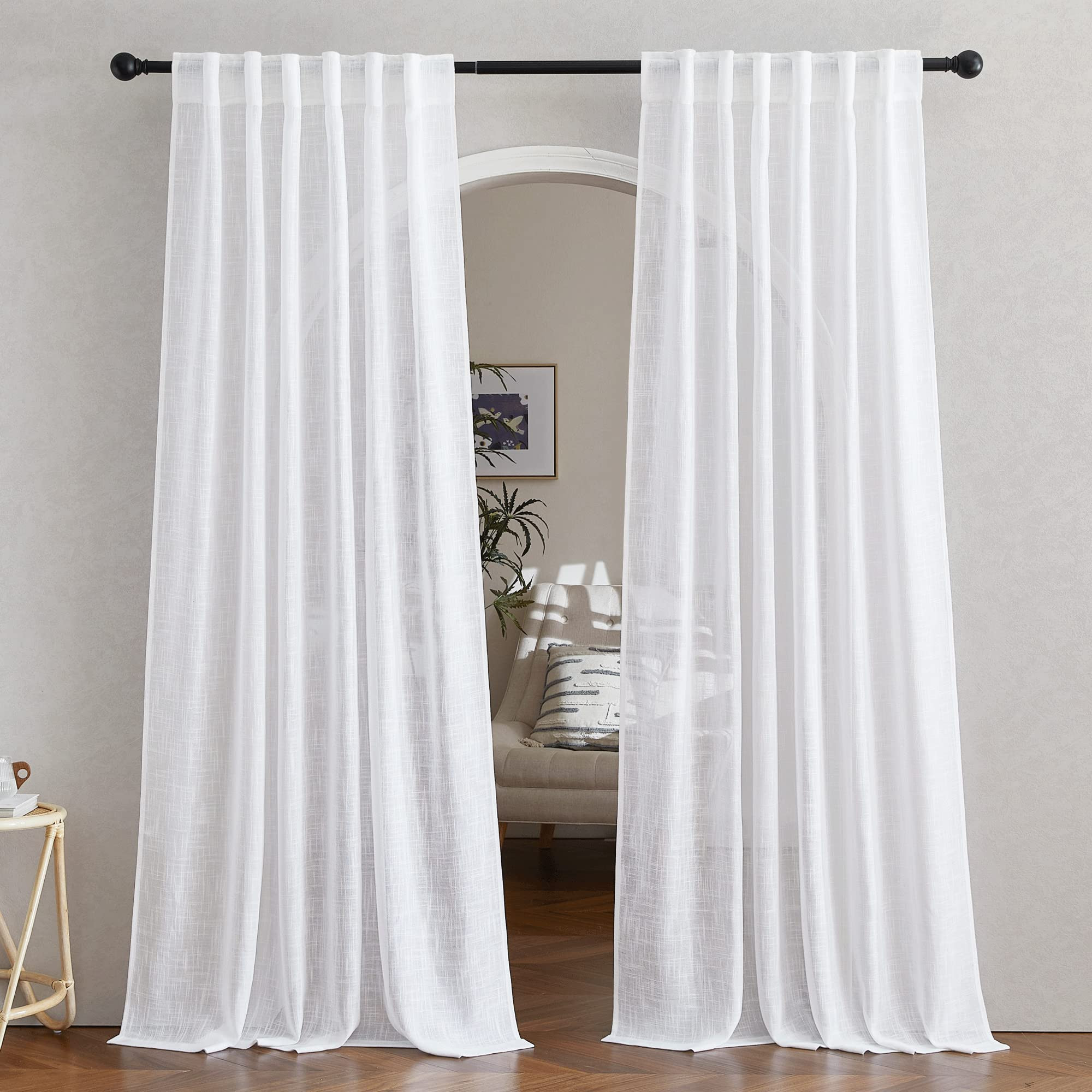 NICETOWN White Linen Sheer Curtains 90" Length, Rod Pocket & Back Tab Window Treatments Semi Shee... | Amazon (US)