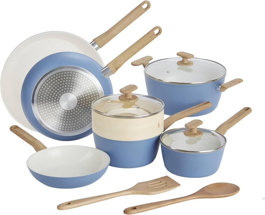 GoodCook 12-Piece Healthy Ceramic Titanium-Infused Cookware Set, Light Blue – Pots, Pans, Steam... | Amazon (US)