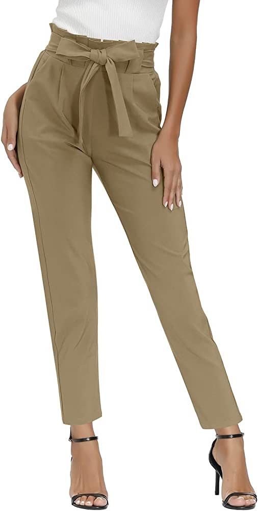 YIIYIDATON Womens Paper Bag Pants Straight Leg Comfort Stretch Skinny Petite Dress Pants with Poc... | Amazon (US)