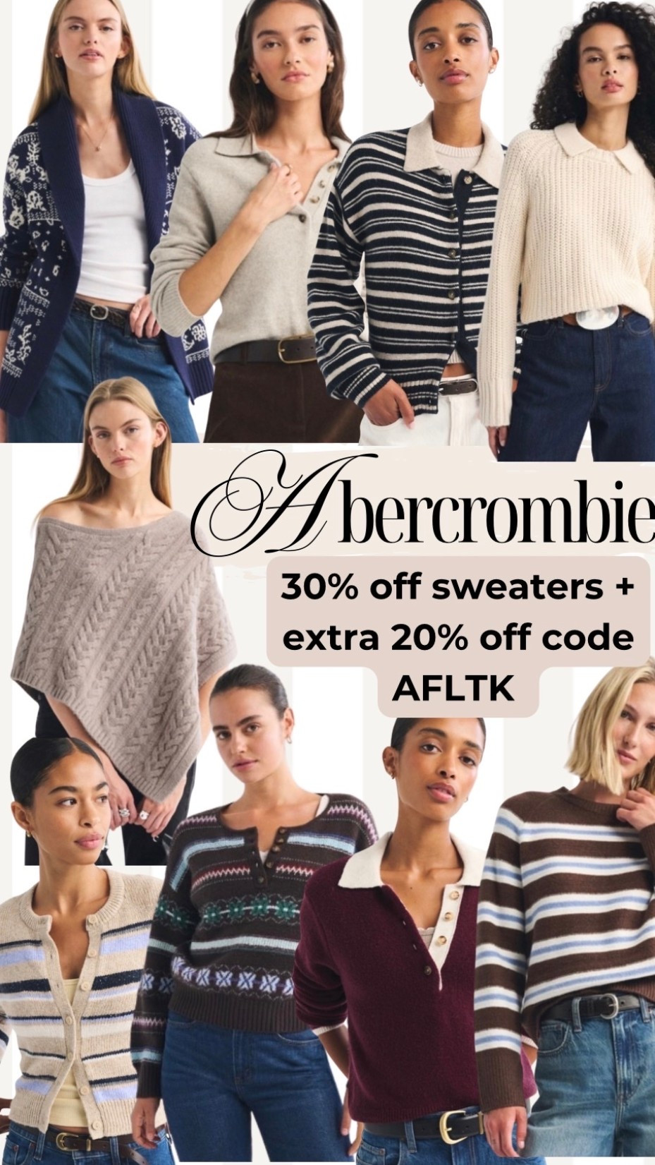 Abercrombie 30% off sweaters + extra 20% off code AFLTK