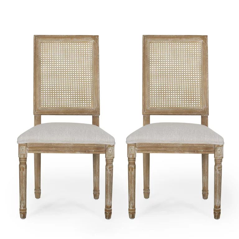 Brownell French Country Wood and Cane Upholstered Dining Chair, Set of 2, Light Gray and Natural | Walmart (US)