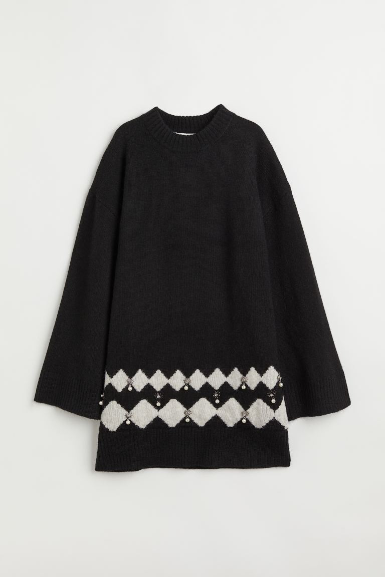 Appliquéd knitted dress - Black/Patterned - Ladies | H&M GB | H&M (UK, MY, IN, SG, PH, TW, HK)