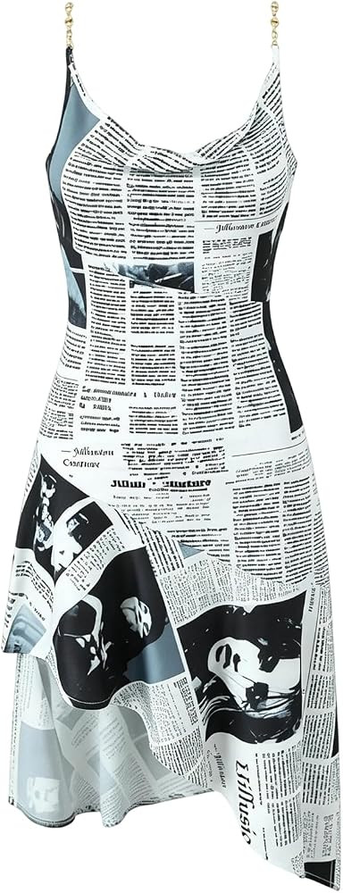 Women's Summer Newspaper Letter Print Irregular Hem Chain Spaghetti Strap Dress | Amazon (US)