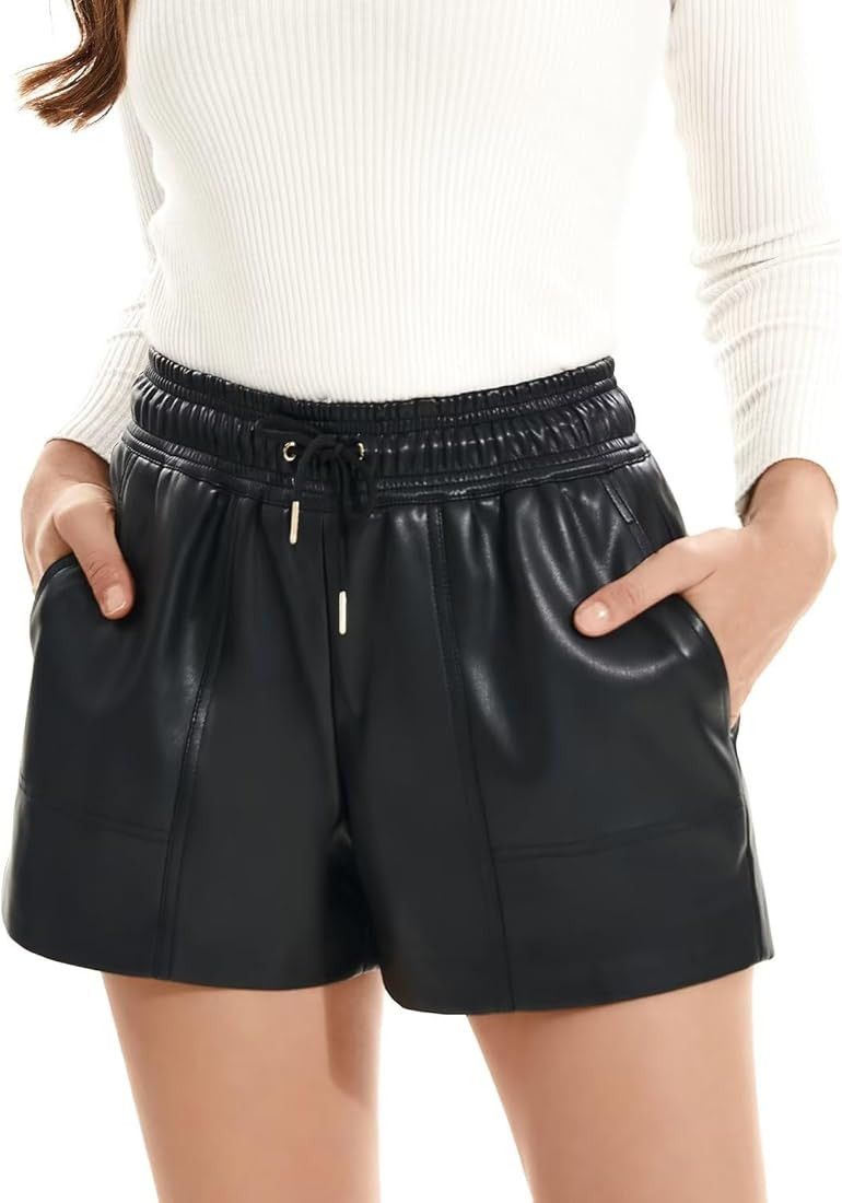 Women's Faux Leather Shorts High Waisted Elastic with Pockets PU Leather Shorts | Amazon (US)