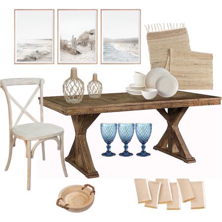 Embrace the coastal vibes with our stunning dining room table and table setting! Create memories while enjoying delicious meals in this coastal-inspired space. Transform your dining area into a serene seaside retreat with our carefully curated pieces. 

#LTKFind #LTKhome #LTKSeasonal