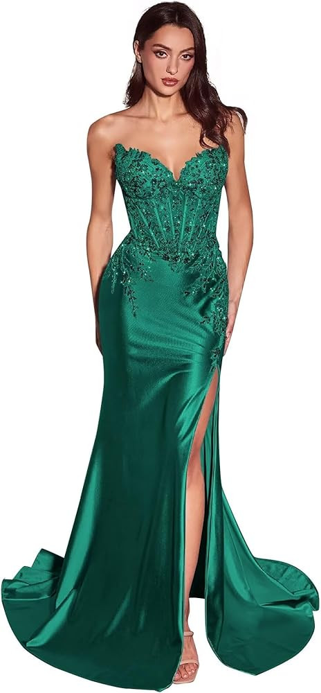 Satin Mermaid Prom Dresses for Women 2025 Strapless Sparkly Sequin Lace Appliques Evening Formal ... | Amazon (US)