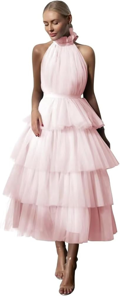 Tiered Tulle Porm Dress Halter Neck Prom Dress Elegant Bow Maxi Vacation Dress Casual Beach Dress... | Amazon (US)