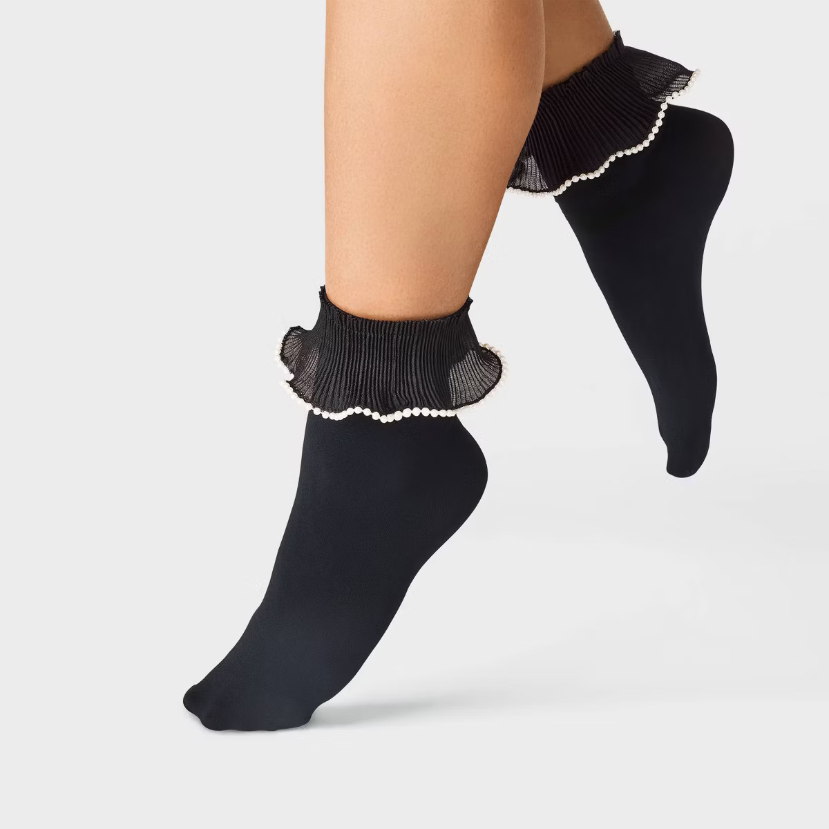 Women's Pearl Trim Ruffle Opaque Anklet Socks - A New Day™ Black/White One Size | Target