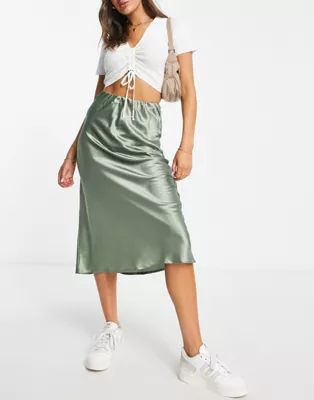Pieces calma midi satin skirt in green | ASOS (Global)