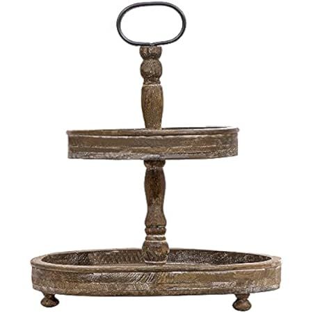 Creative Co-Op Distressed Brown Wood 2-Tier Tray with Metal Handle, 15 x 15 Inch | Amazon (US)
