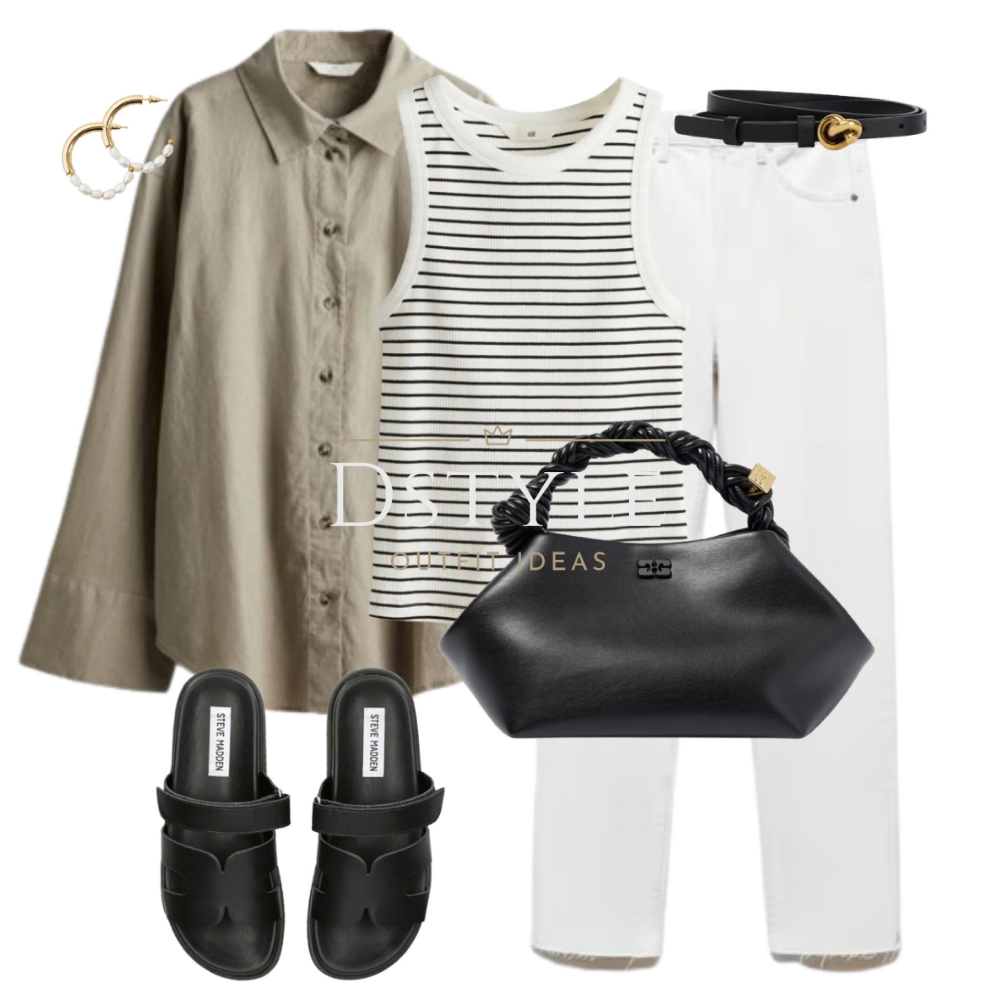 Linen blend shirt, white striped top, white jeans, black bag, black slide sandals, black leather belt. Ootd, spring style, summer outfit, stripes love, Ganni, Steve Madden

#LTKitbag #LTKfindsunder50 #LTKstyletip