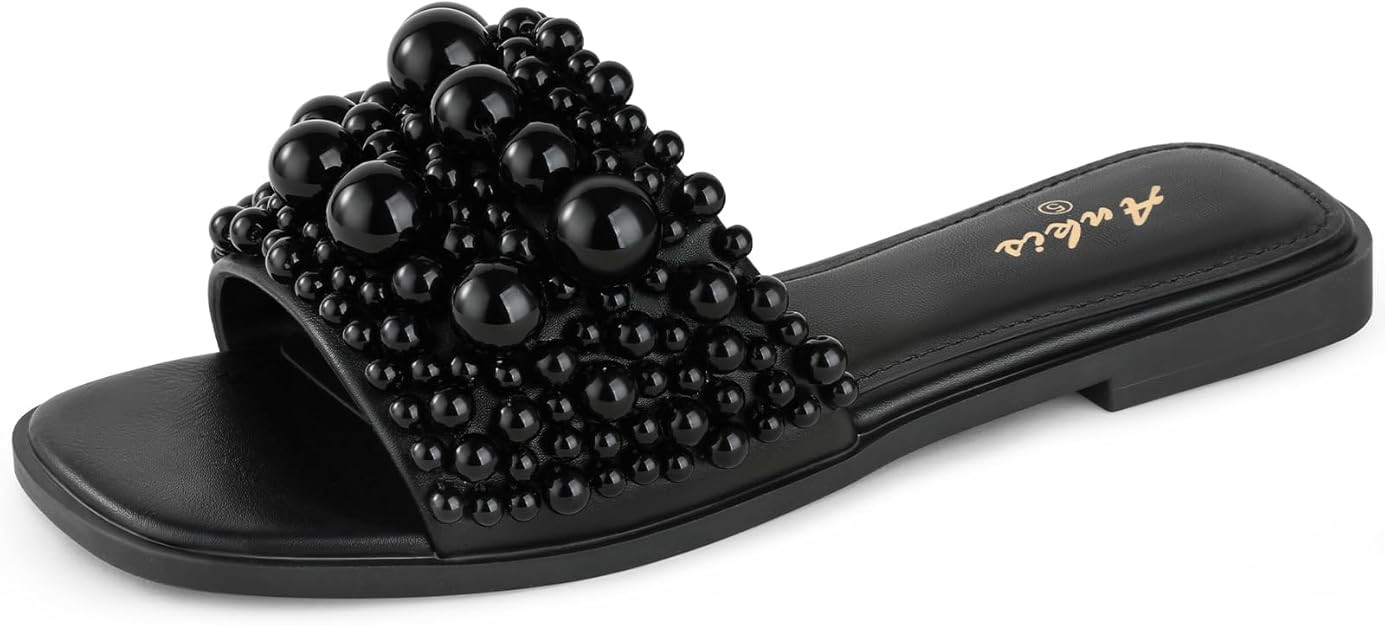Ankis Black White Sandals Women Flat Sandals Comfortable Womens Slide Sandals Fashion Flat Sandal... | Amazon (US)