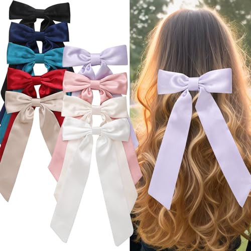 Slevaty 9PCS Hair Bows for Women, Hair Ribbon with Long Tail Bowknot Hair Clips for Women Girls, Hair Barrettes with Bow Accessories (9 Satin Hair Bows) | Amazon (US)