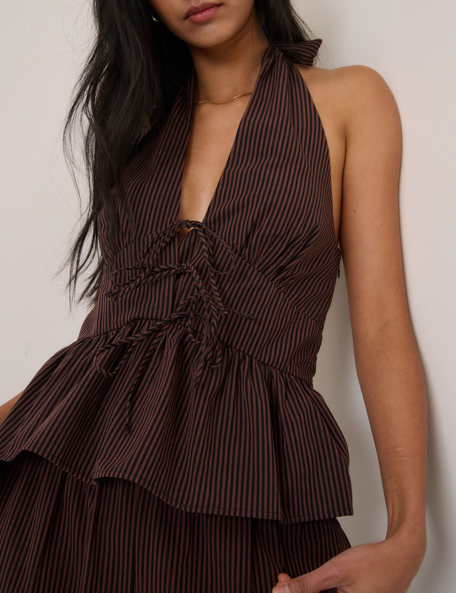 Brown Pinstripe Halterneck Top | Nobody's Child