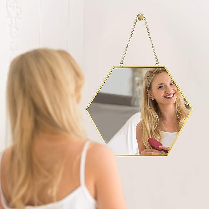 PARNOO 9.5-Inch Hexagonal Wall Mounted Mirror with Chain & Rose Gold Frame | Decorative Hanging M... | Amazon (US)