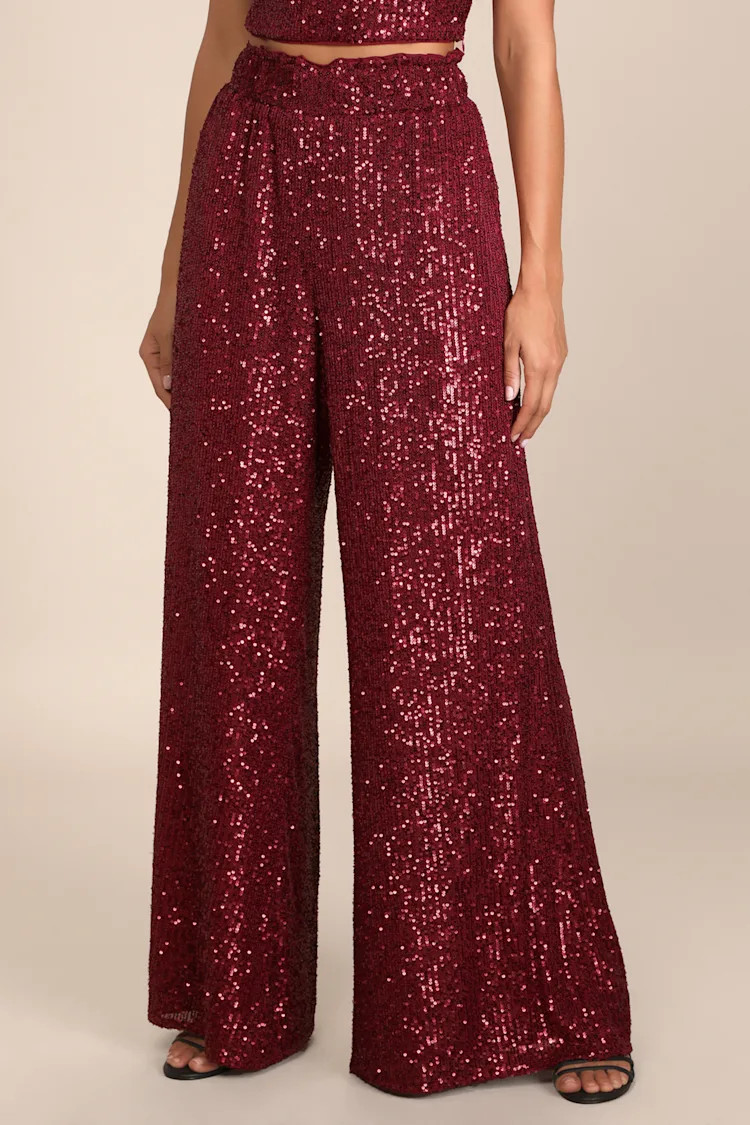 Flawless Sparkle Wine Red Sequin Wide-Leg Pants | Lulus