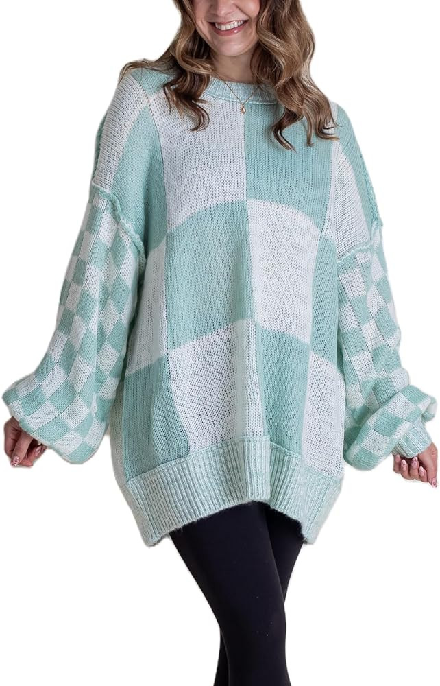 UAURORAO Women Cute Checkered Sweater Oversized Y2k Graphic Print Knitted Pullover Tops Long Slee... | Amazon (US)