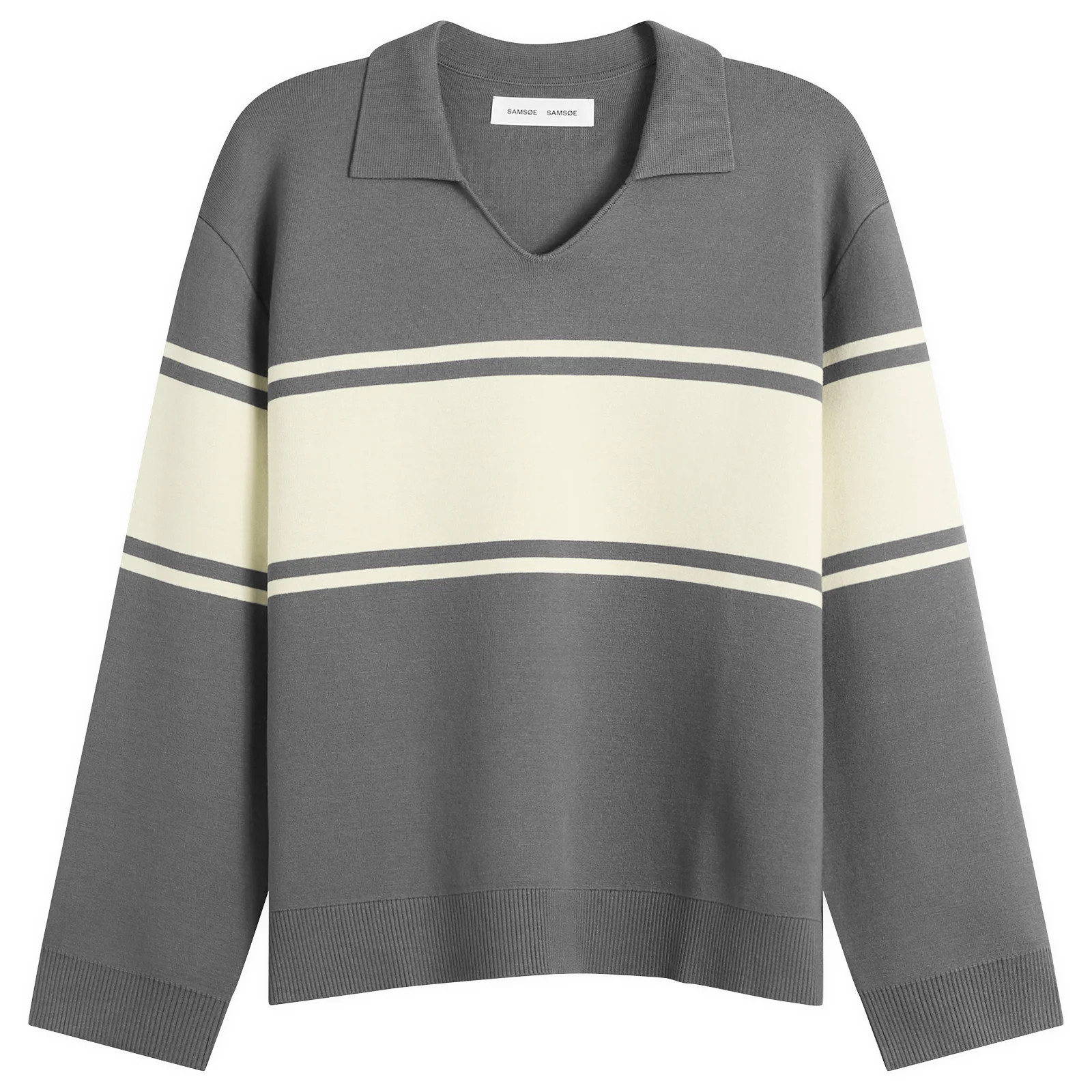 Samsøe Samsøe Women's Saanne Long Sleeve Polo Top in Gunmetal Wide Stripe, Size X-Small | END. Clothing | END. Clothing