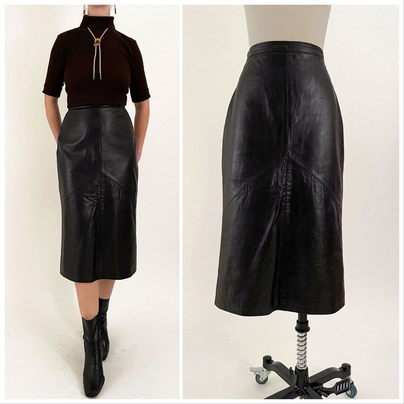 80s Black Lambskin Leather Midi Skirt  Buttery Soft High - Etsy | Etsy (US)