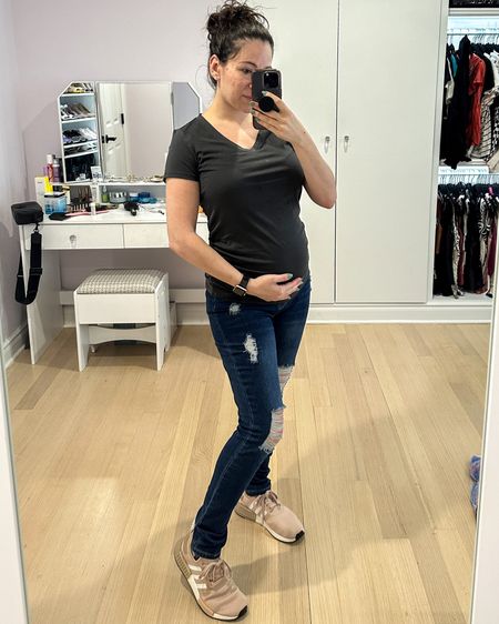 Maternity summer into fall outfit. I love ripped jeans and this is the first maternity pair I’ve found that feels comfy. From temu but surprisingly good quality for the price! Under $20 and I sized up to a Medium.

The tee is from old navy and I got a few staple colors on sale, size Small. 

#LTKSeasonal #LTKbump #LTKfindsunder50