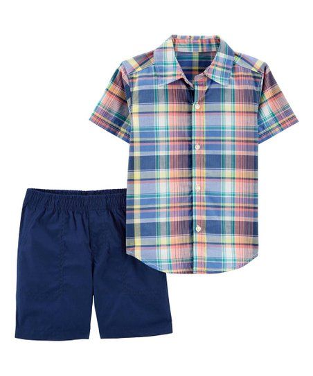 Blue Plaid Short-Sleeve Button-Up & Navy Shorts - Infant, Toddler & Boys | Zulily