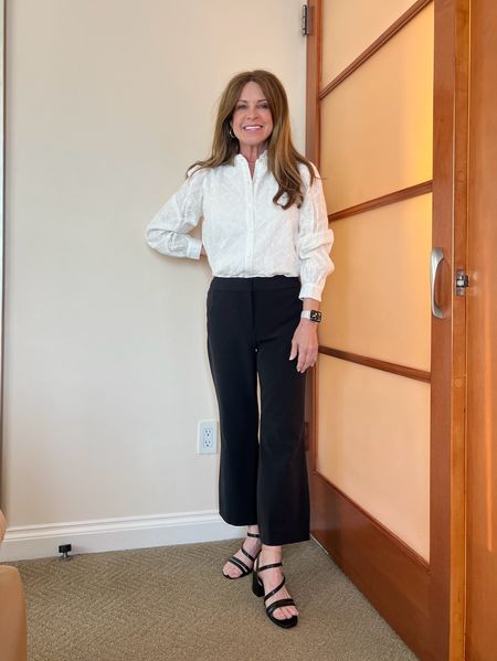 Dinner date outfit that works any time of the year! Kick crop style pants, a white embroidered long sleeve top with slightly puffed shoulders in a petite size Small which fits perfectly. Paired with black strappy heels with a chunky heel for comfort. (fit tts, wearing my regular size 6.5).
#workwear #datenight #capsulewardrobe #womenover50

#LTKWorkwear #LTKStyleTip #LTKShoeCrush