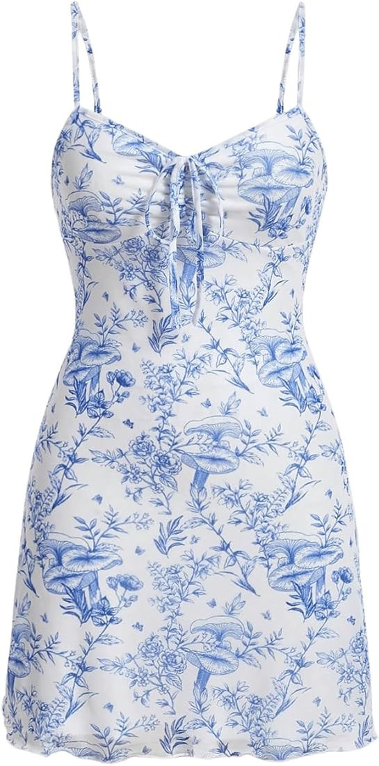 Spring Break Dresses, Spaghetti Strap Cami Dress V Neck Flare Mini Sun Dresses | Amazon (US)