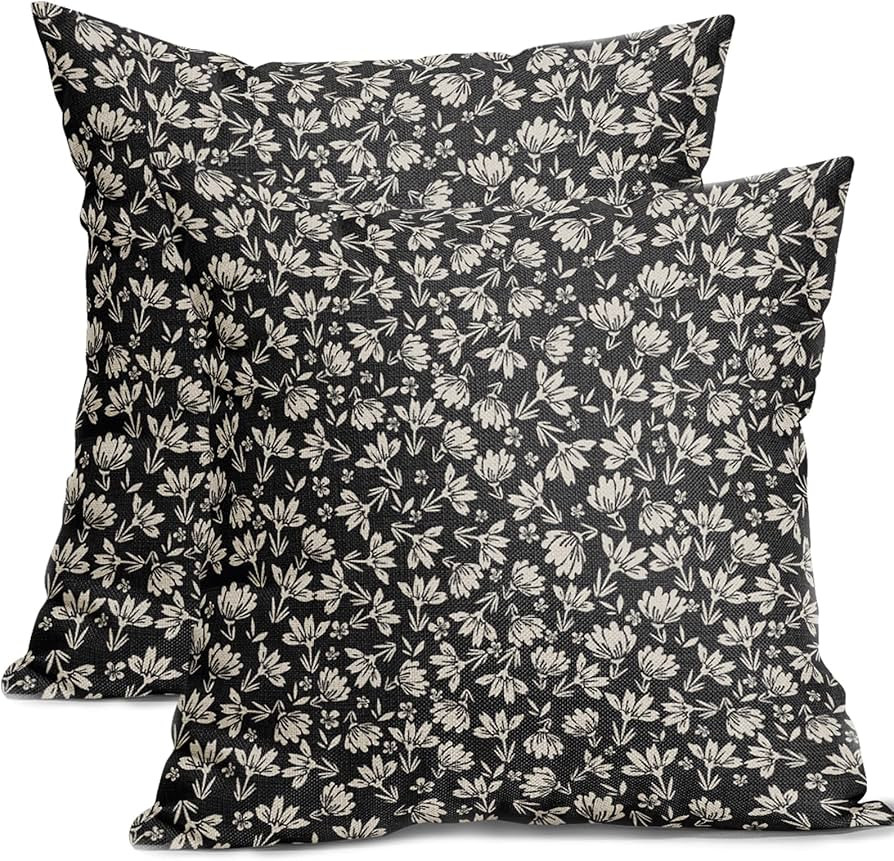 Vintage Floral Pillow Covers 18x18 Set of 2 Black Old White Floral Outdoor Decorative Throw Pillo... | Amazon (US)