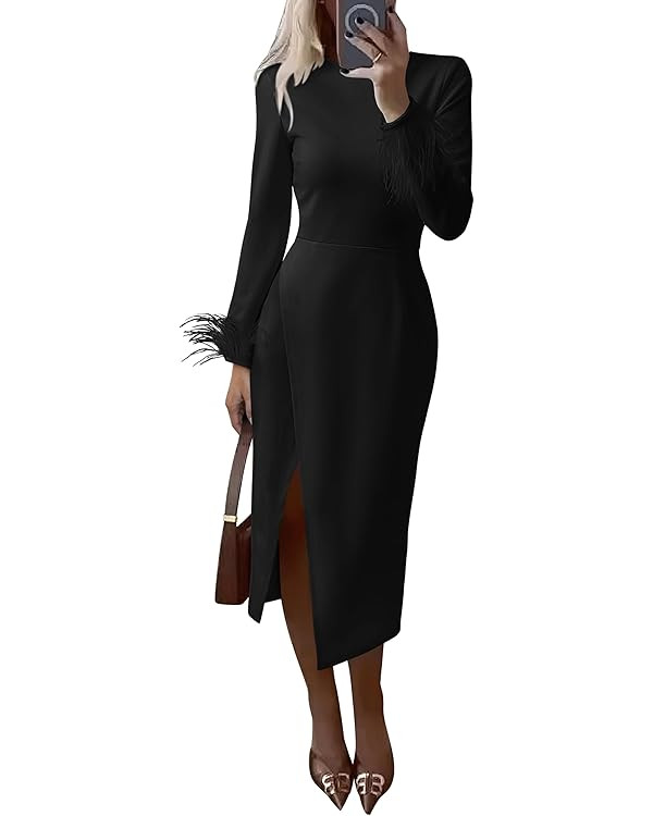 PRETTYGARDEN Women's 2025 Fall Long Sleeve Dress Formal Midi Bodycon Wrap Slit Feather Elegant We... | Amazon (US)