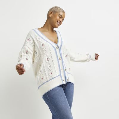 Plus cream embroidered cable knit cardigan | River Island (UK & IE)