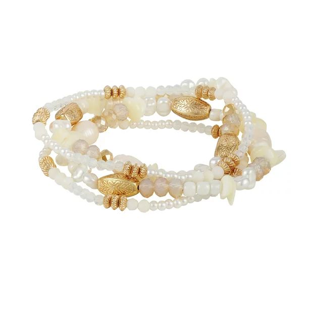 Time and Tru Women's Glass Pearl and Shell Beaded Stretch Bracelet Set, 4-Piece | Walmart (US)