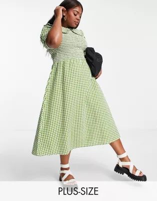 Neon Rose Plus midi dress with shirred bodice and oversized collar in gingham seersucker | ASOS (Global)