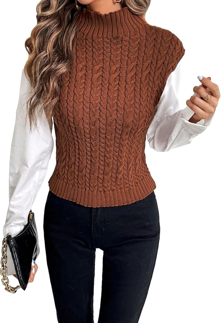 GORGLITTER Women's Mock Neck Short Cap Sleeve Sweater Vest Cable Knit Casual Pullover Top | Amazon (US)